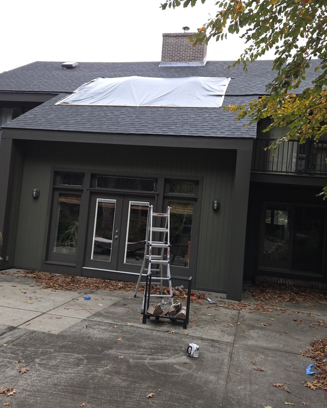 Rear patio facade painted a uniform dark charcoal with ladders and paint supplies still in place